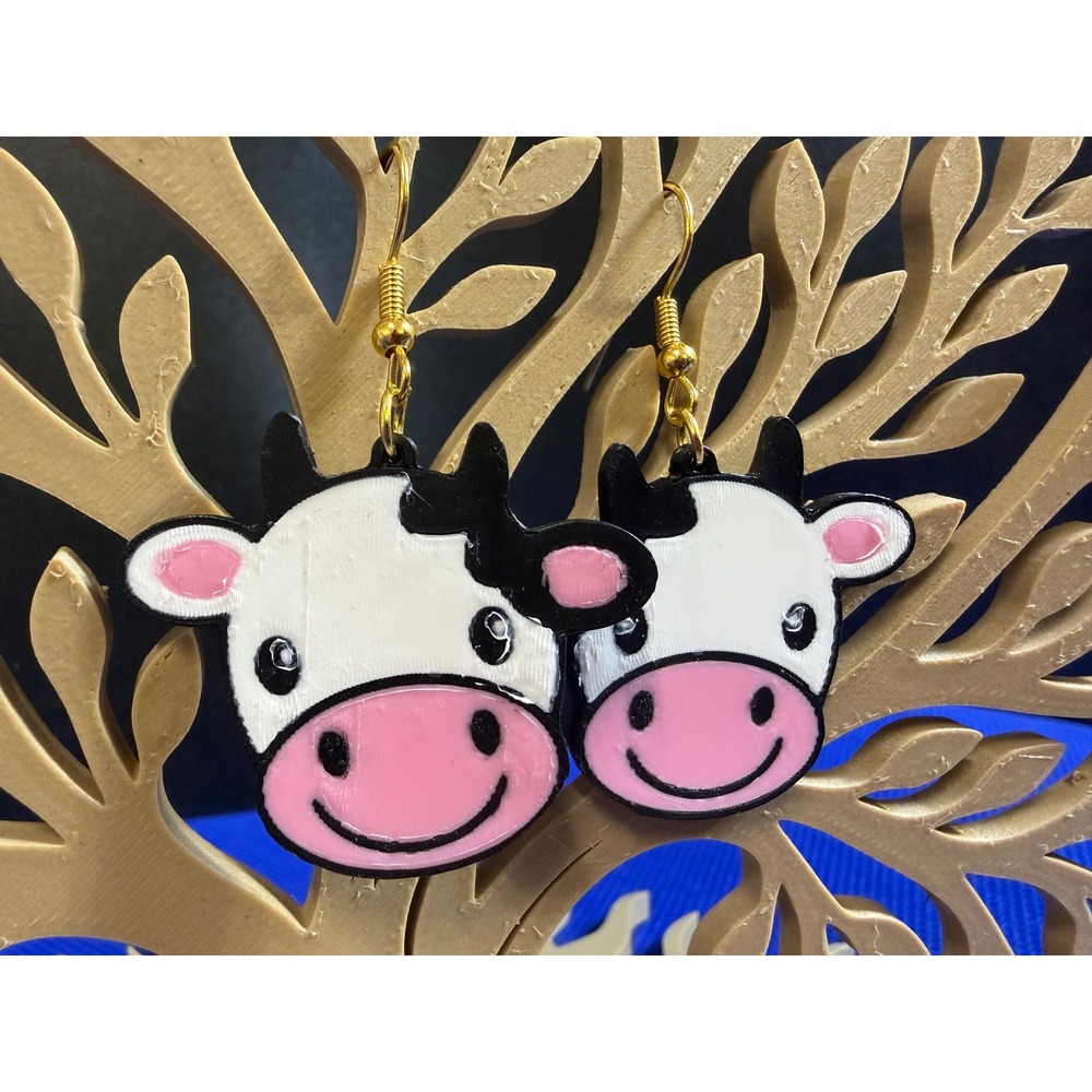 Cow Face Dangle Earrings Black White Pink Farm Animal Novelty Jewelry